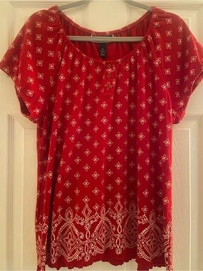 Karen Scott Red Short-Sleeve Printed Peasant Top